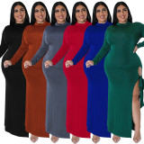 Plus Size Long Sleeve Solid Color Tie Up Maxi Dress GDAM-218253