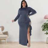 Plus Size Long Sleeve Solid Color Tie Up Maxi Dress GDAM-218253
