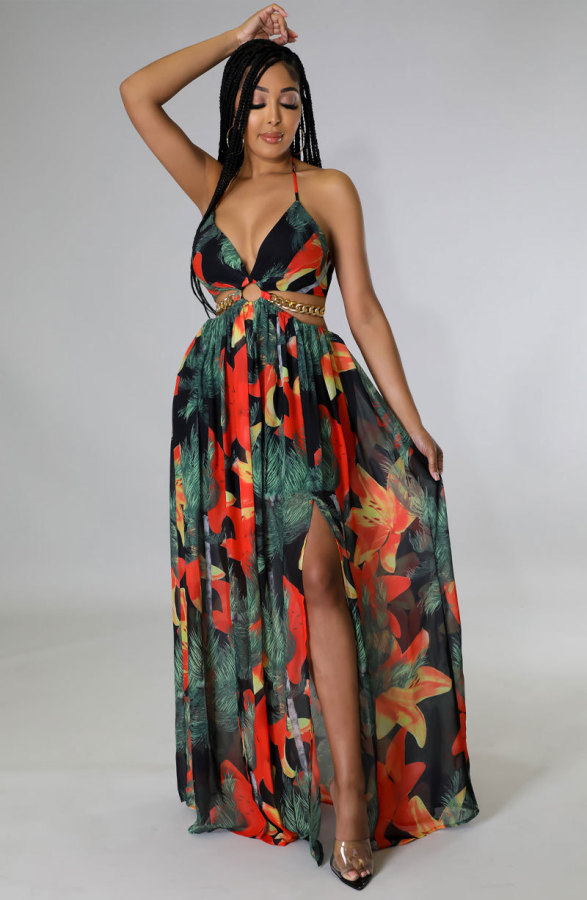 Sexy Halter Blackless Split Print Dress XHXF-290