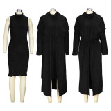 Plus Size Solid Padded Coat And Midi Dress 2 Piece Set(With Waist Belt)  XHSY-BT19484