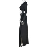 V Neck Backless Tie Up And Split Skirt 2 Piece Set GBTF-BT6080