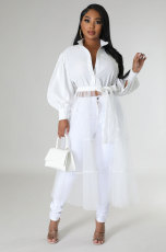 Mesh Patchwork Long Sleeve Long Shirt XHXF-950