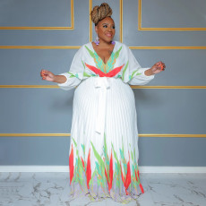 Plus Size Tie Up Print Big Swing Pleated Maxi Dress NNWF-7941