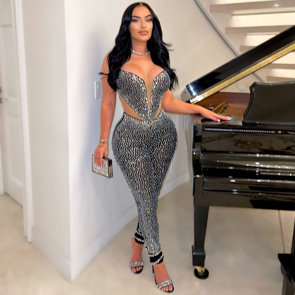 Plus Size Mesh Hot Drill Sling Tight Jumpsuit NY-2901