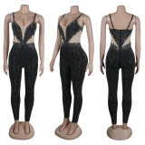 Plus Size Mesh Hot Drill Sling Tight Jumpsuit NY-2901