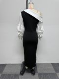 Plus Size Color Contrast Split Lantern Sleeve Midi Dress NY-10652