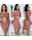 Fashion Drawstring One Shoulder Two Piece Skirt Set QXTF-8220