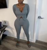 Casual Zipper Solid Color Two Piece Pants Set HMS-6382