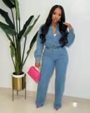 Fashion Drawstring Long Sleeve Denim Two Piece Set YMEF-51025