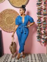 Fashion Zipper Denim Slim Jumpsuit(Without Waist Belt) GKNF-TSJ--6945