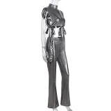 Sexy Side Hollow Out Tie Vest High Waisted Flared Pants Suit GNZD-9762