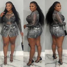 Mesh Long Sleeve Print Bodysuits CulottesTwo Piece  Set BN-9441