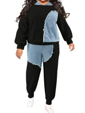Plus Size Contrast Color Denim Patchwork Two Piece Pants Set GDAM-218325
