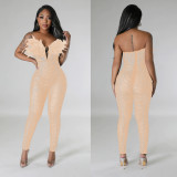 Solid Color Sexy Mesh Hot Rhinestone Jumpsuit BY-6735