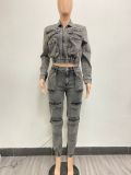 Multicolor Pocket Washed Denim Two Piece Pants Set NYF-8158