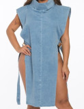 Sexy Denim Hollow Out High Collar Split Midi Dress GNZD-9438DD