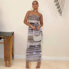 Sexy Print Slim Tube Tops Maxi Dress GNZD-7914DG