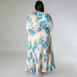 Plus Size Loose V Neck Pressed Pleated Long Dress NNWF-N7923