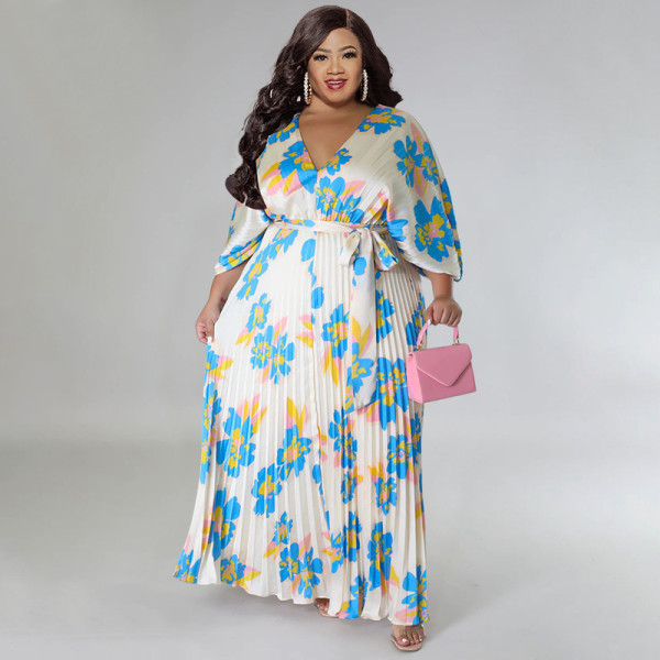 Plus Size Loose V Neck Pressed Pleated Long Dress NNWF-N7923