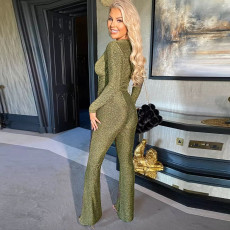 V Neck Long Sleeve Micro Flare Jumpsuit GNZD-9615JD