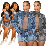 Denim Embroider Jackets And Skirt Two Piece Set MEM-88539
