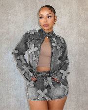 Denim Embroider Jackets And Skirt Two Piece Set MEM-88539