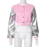 Color Block Short PU Leather Baseball Coat GSZM-K23TP377