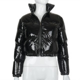 Solid PU Leather Stand-up Collar Cotton Jacket GSZM-A20666T