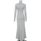 Solid Long Sleeve High Collar Fishtail Dress GSZM-M23DS504