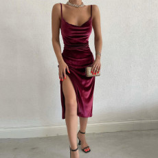 Solid Sling Split Slim Midi Dress BLG-D1C7356A