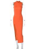 Solid Color O Neck Long Sleeve Split Maxi Dress BLG-D1B7226K