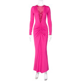 Sexy Deep V Neck Pleated Solid Maxi Dress BLG-D3512947A