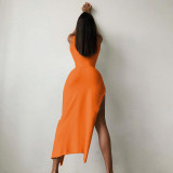 Solid Color O Neck Long Sleeve Split Maxi Dress BLG-D1B7226K