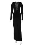 Sexy Deep V Neck Pleated Solid Maxi Dress BLG-D3512947A