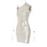 Solid Color Slant Shoulder Sleeveless Mini Dress BLG-D289917K
