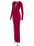 Sexy Deep V Neck Pleated Solid Maxi Dress BLG-D3512947A