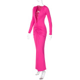 Sexy Deep V Neck Pleated Solid Maxi Dress BLG-D3512947A