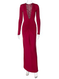 Sexy Deep V Neck Pleated Solid Maxi Dress BLG-D3512947A