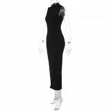 Solid Color O Neck Long Sleeve Split Maxi Dress BLG-D1B7226K