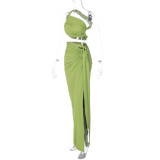 Backless Wrap Chest And Split Skirt Two Piece Set BLG-S3813894K