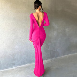 Sexy Deep V Neck Pleated Solid Maxi Dress BLG-D3512947A