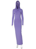 Slim Solid Color Backless Hooded Split Maxi Dress BLG-D3512950A