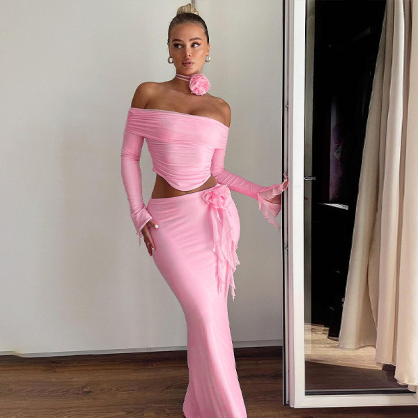 Sexy Tube Tops Long Sleeve Top Two Piece Skirt Set BLG-S3813934A