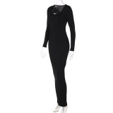 Long Sleeve U Neck Slim Maxi Dress BLG-D1B7161A