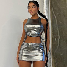 Hollow Out Tie Up Tank Tops And Skirt 2 Piece Set BLG-S2C11405A