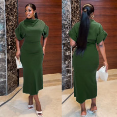 Solid Color Short Sleeve Split Midi Dress NY-10663