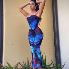 Butterfly Print Tie Up Tops Two Piece Skirt Set BLG-S279559K