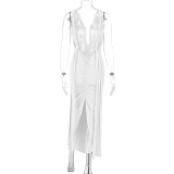 Sexy Deep V Neck Pleated Long Dress BLG-D3312194A