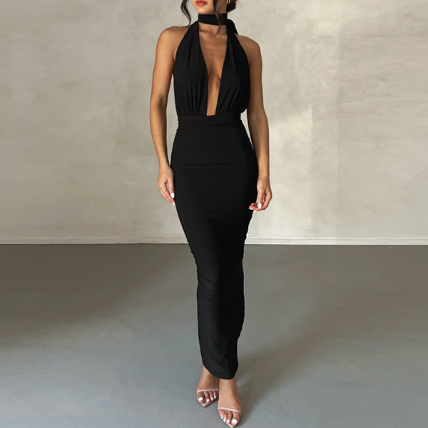 Sexy Deep V Neck Pleated Long Dress BLG-D3312194A