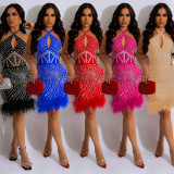 Solid Color Hanging Neck Hot Drill Mini Dress  BY-6729